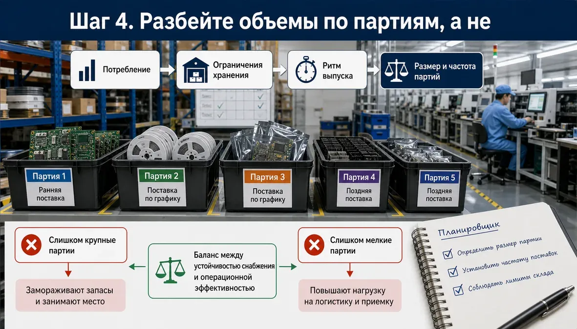 Разбиение объема на партии в графике поставок Инфографика показывает, как месячную потребность в материалах делят на несколько партий поставки по датам выпуска и с учетом лимита склада.