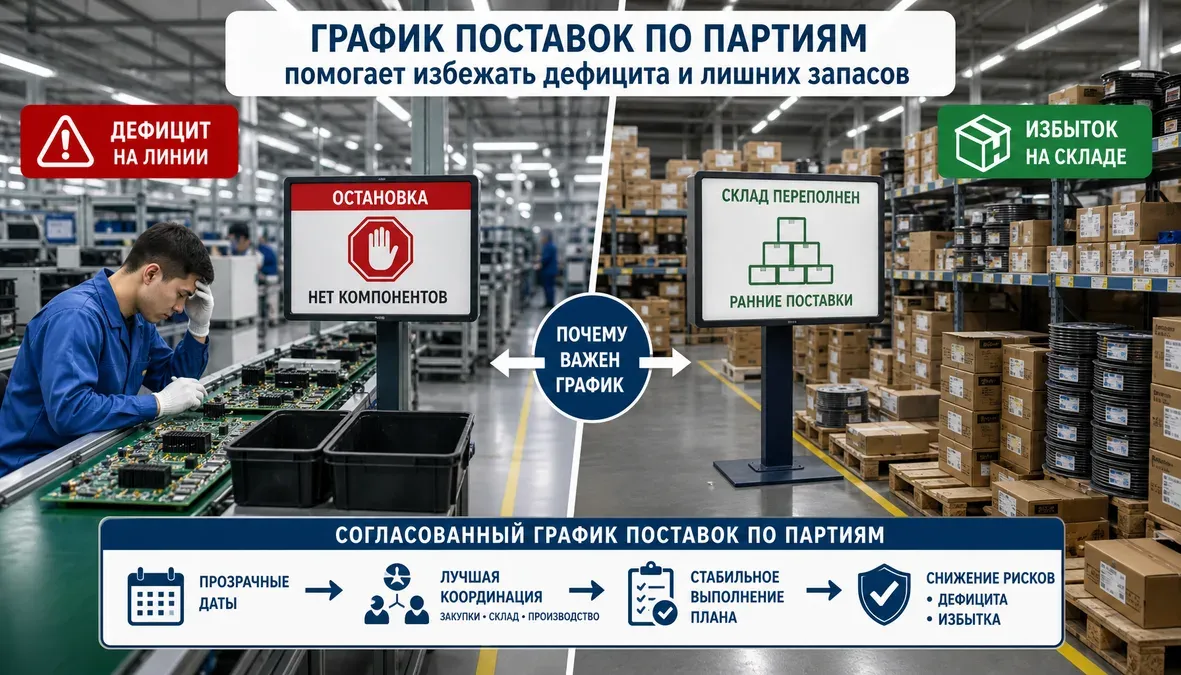 Риски без синхронизированного графика поставок по партиям Инфографика показывает, как рабочий график поставок по партиям помогает избежать дефицита компонентов и лишних запасов на производстве электроники.