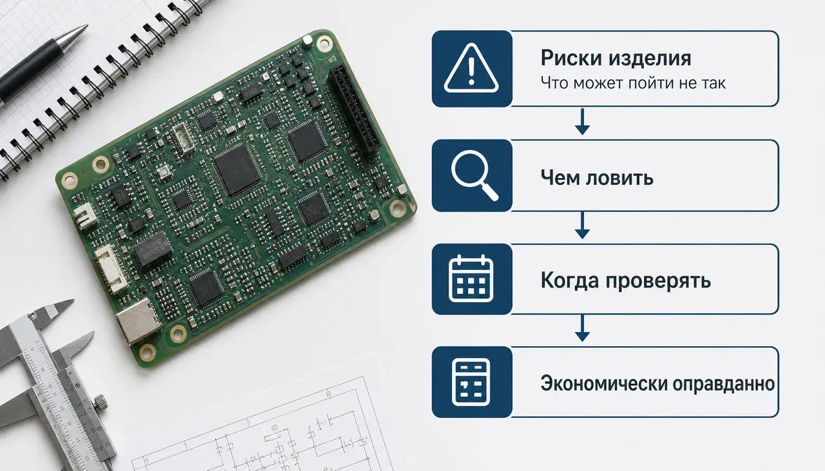 Карта рисков для выбора тестовой стратегии серии Инфографика показывает, что стратегия тестирования серии электроники начинается с карты рисков изделия и только потом переходит к выбору методов контроля.