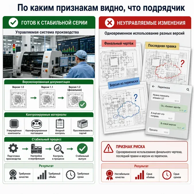Сравнительная инфографика показывает признаки готовности подрядчика к стабильной серии и хаос неуправляемых изменений в производстве электроники.