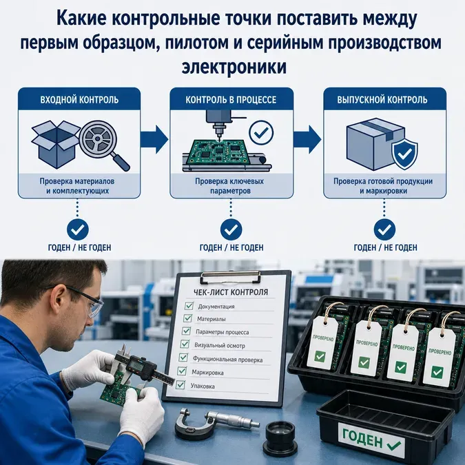 Инфографика с контрольными точками между первым образцом, пилотом и серийным производством электроники.
