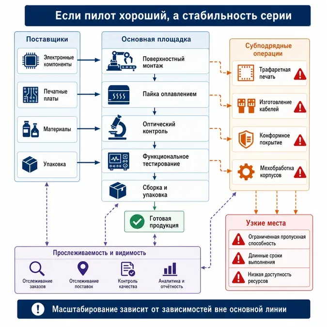 Схема показывает, что готовность подрядчика к масштабированию зависит не только от основной площадки, но и от субподряда, поставщиков, узких мест и прослеживаемости.