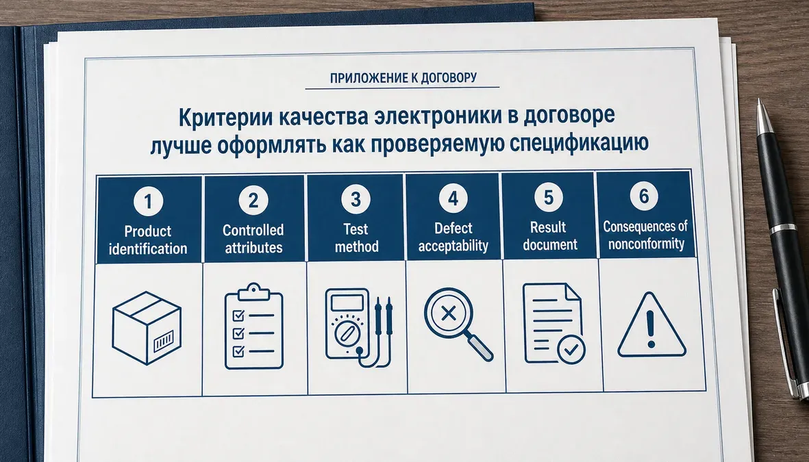 Проверяемая спецификация приемки партии электроники Инфографика в виде приложения к договору показывает измеримые критерии приемки партии электроники: идентификацию изделия, признаки контроля, метод проверки и последствия несоответствия.