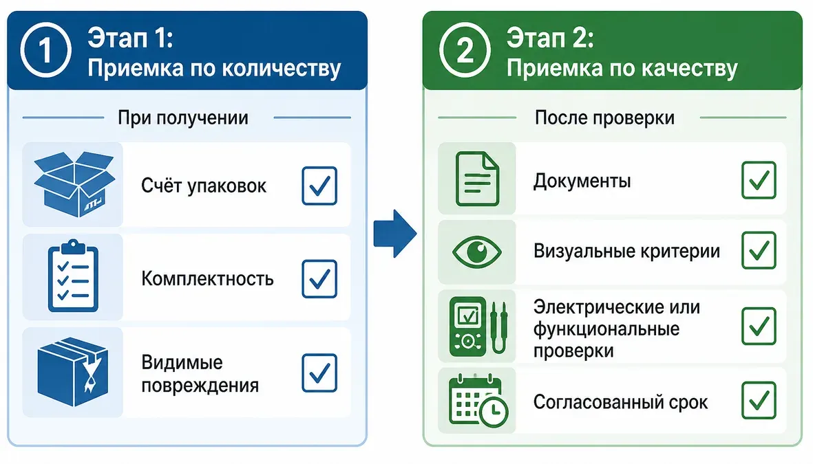 Разделение приемки партии электроники по количеству и качеству Инфографика показывает разделение приемки партий электроники на этапы: приемка по количеству при получении и отдельная приемка по качеству после проверки документов и испытаний.