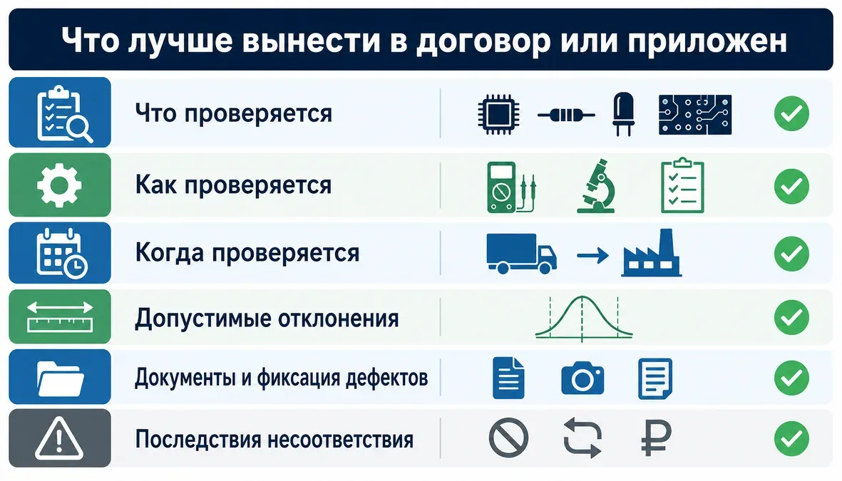 Критерии качества приемки партий электроники в договоре Инфографика в виде чек-листа показывает, какие критерии качества приемки партий электроники лучше закрепить в договоре или приложении.