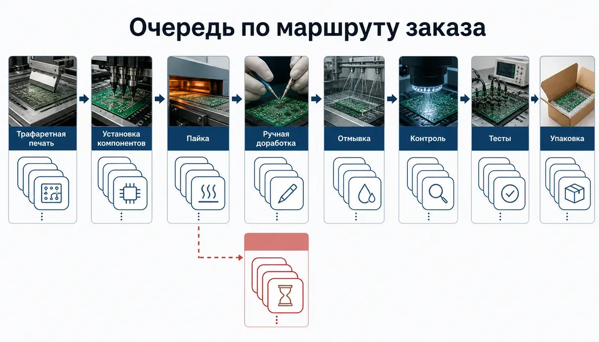 Схема показывает, что очередь заказов в контрактном производстве электроники распределена по нескольким участкам, а узкое место может быть вне SMT-линии.