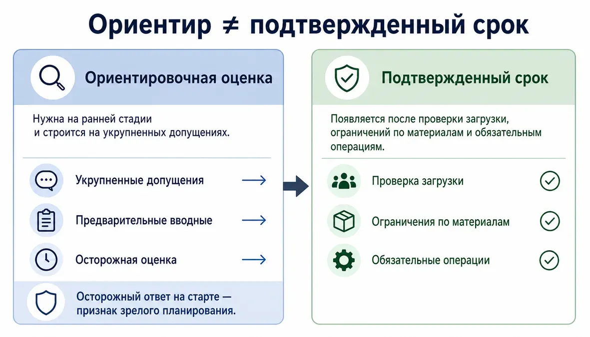 Инфографика сравнивает ориентировочную оценку срока сборки и подтвержденный срок после проверки загрузки, материалов и операций.