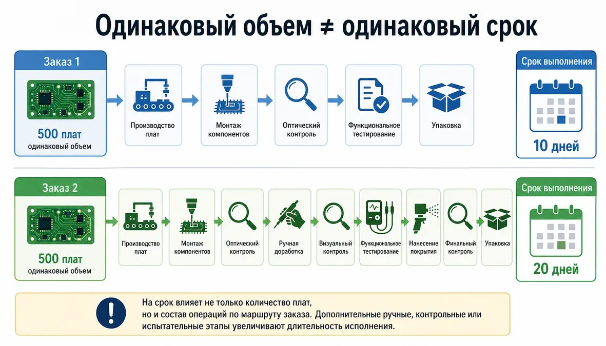 Сравнительная инфографика показывает, что одинаковое количество плат может иметь разные сроки сборки из-за разного маршрута операций и дополнительных этапов контроля.
