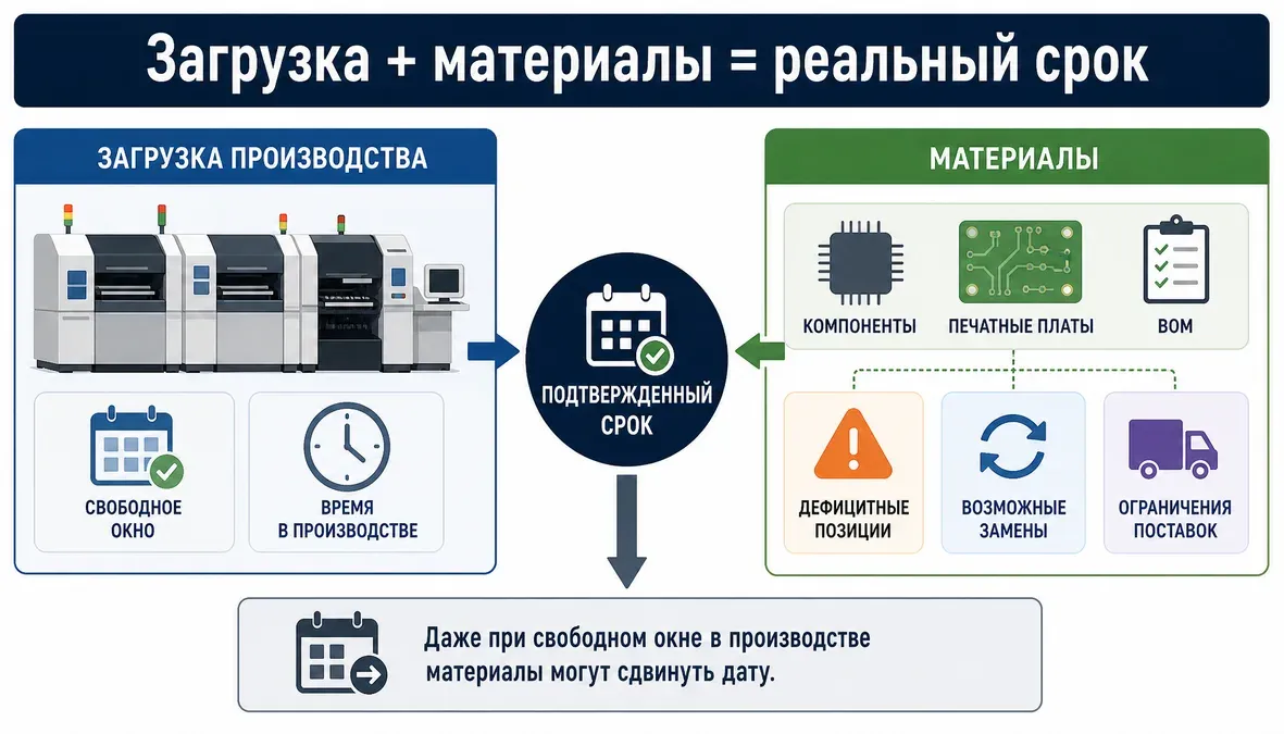 Инфографика показывает, что подтвержденный срок сборки электроники зависит одновременно от загрузки линий, BOM и готовности материалов.