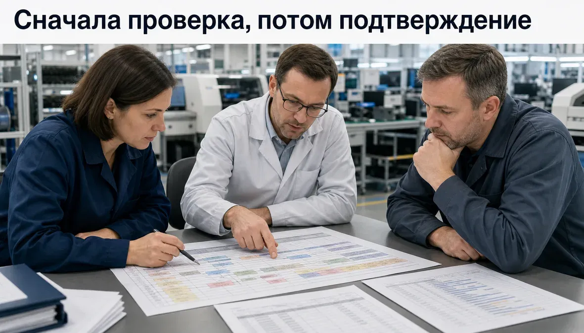 Специалисты контрактного производства электроники обсуждают маршрут заказа, загрузку линий и готовность материалов перед подтверждением срока.