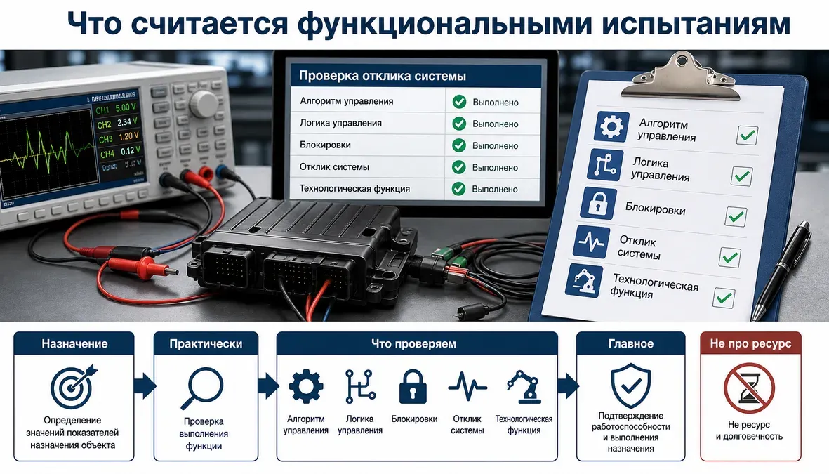 Техническая инфографика показывает, что функциональные испытания электроники подтверждают работоспособность и выполнение назначения, а не ресурс или долговечность.