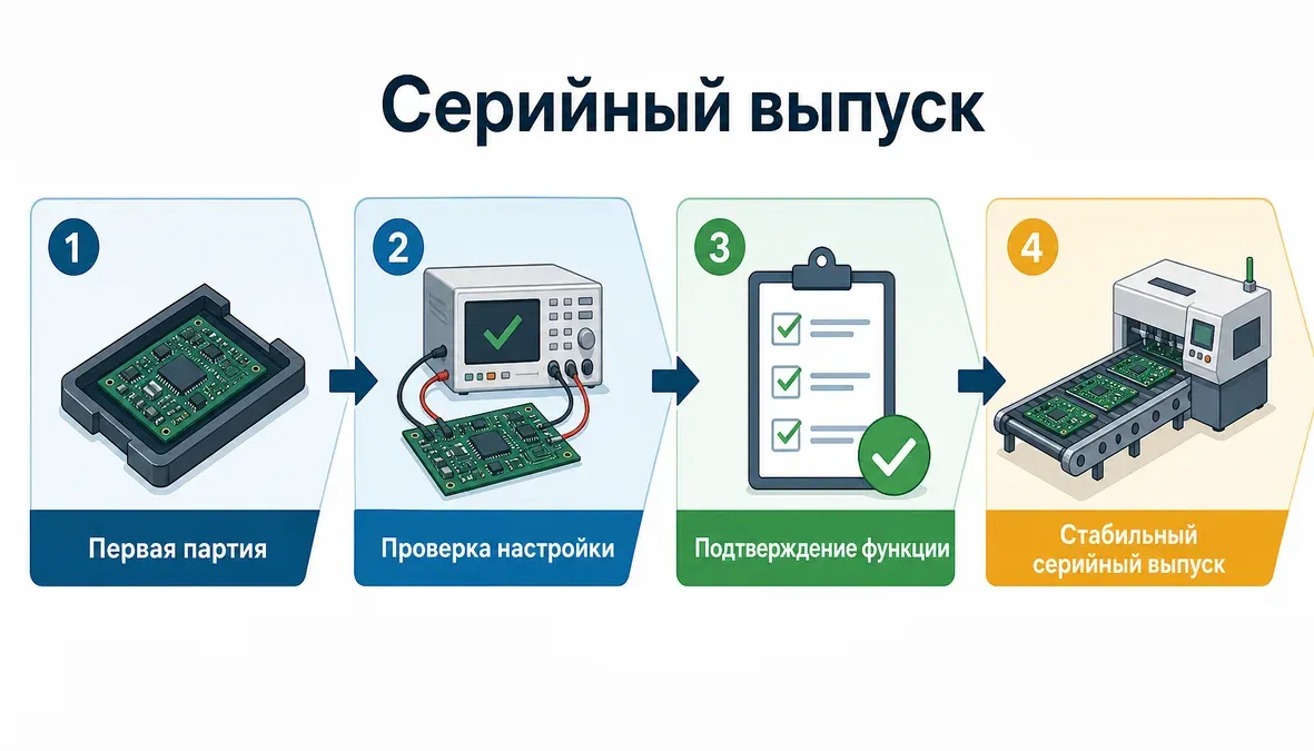 Инфографика показывает этапы серийного выпуска электроники с акцентом на первую партию как момент, когда требования к функциональным испытаниям фиксируются особенно явно.