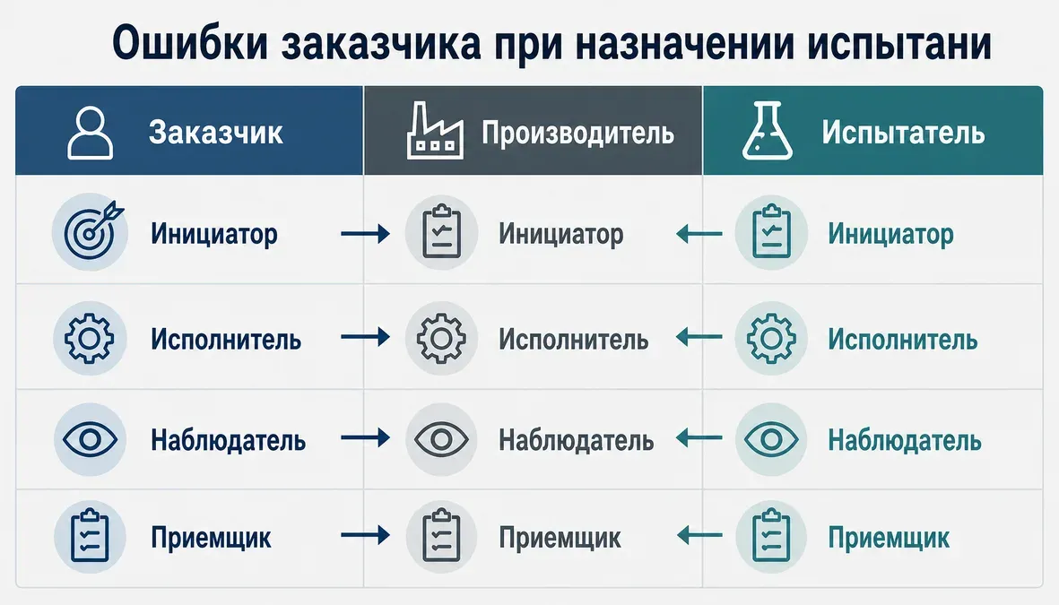Инфографика с матрицей ролей заказчика, производителя и испытателя при функциональных испытаниях серийной электроники.