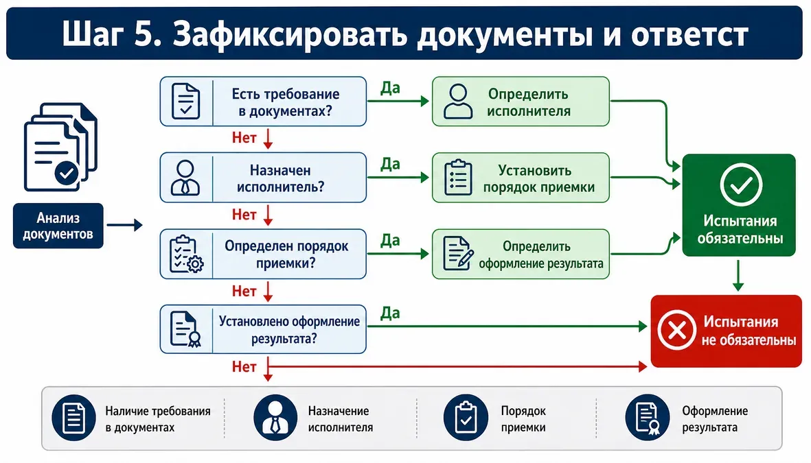 Инфографика с алгоритмом, который показывает, обязательны ли функциональные испытания на серии, кто отвечает за их проведение и какие документы это подтверждают.