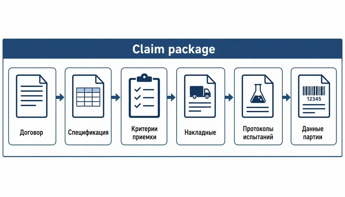 Связь рекламационного акта с документами и доказательствами Инфографика показывает, как рекламационный акт связывается с договором, спецификацией, накладной, протоколом испытаний и трассировкой партии.