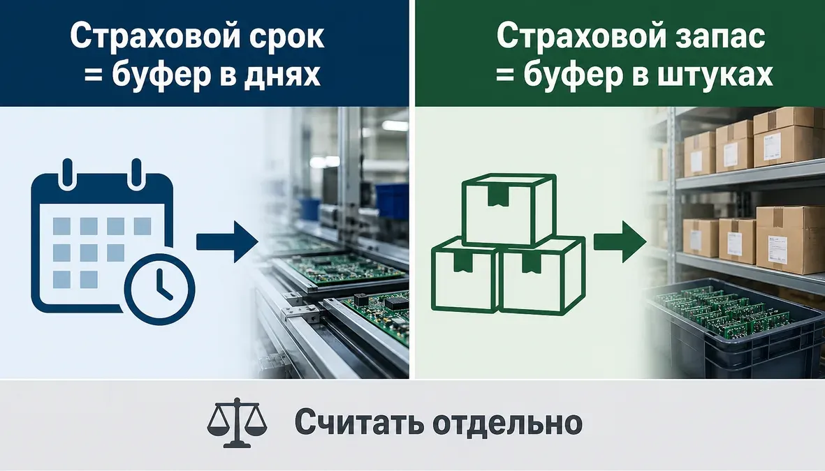 Сравнение страхового срока поставки и страхового запаса Инфографика сравнивает страховой срок поставки в днях и страховой запас компонентов в количестве для контрактной сборки.
