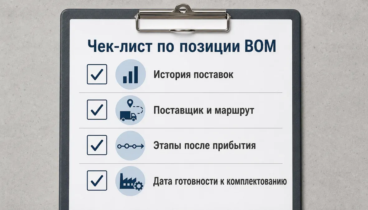 Данные по позиции BOM для расчета страхового срока поставки Инфографика в виде чек-листа показывает, какие данные по одной позиции BOM нужно собрать для расчета страхового срока поставки.