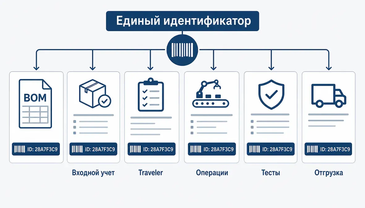 Один идентификатор в документах прослеживаемости Инфографика показывает, как один и тот же идентификатор партии проходит через входной учет, BOM, тревелер, операции, испытания и отгрузку.