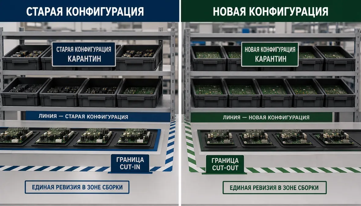 Инфографика показывает, как подрядчик разделяет старую и новую конфигурации EOL-компонентов: карантин, правильная комплектация по ревизии и контроль первой сборки.