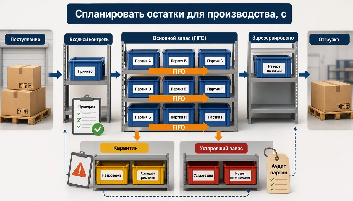 Инфографика поясняет, как подрядчик планирует остатки для производства, сервиса и ремонта, разделяя и отслеживая партии после EOL.