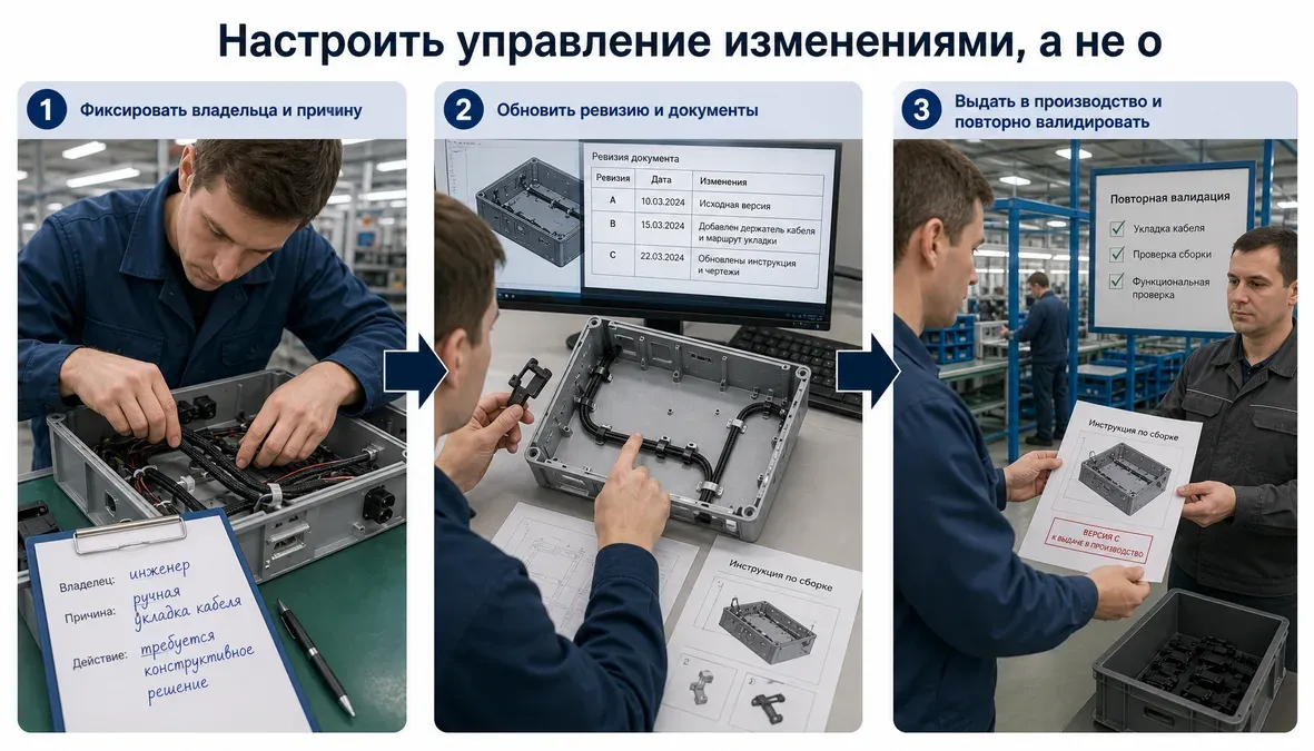 Показаны три шага маршрута изменения: фиксирование владельца и причины, обновление ревизии и документов, затем выдача в производство с требованием повторной валидации — чтобы понять, что нельзя просто “поменять и забыть”.