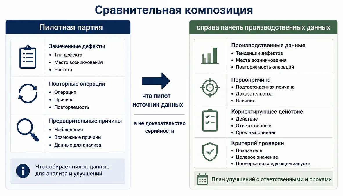 Сравнительная схема показывает, что пилотная партия собирает причины отклонений и повторяемость операций, а справа фиксируются первопричина, корректирующее действие и критерий проверки для следующего запуска.