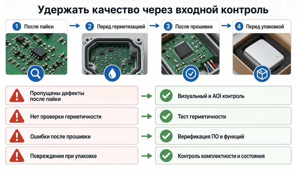 На схеме показаны частые ошибки масштабирования качества и парные исправления, а также точки контроля по этапам: после пайки, перед герметизацией, после прошивки и перед упаковкой.