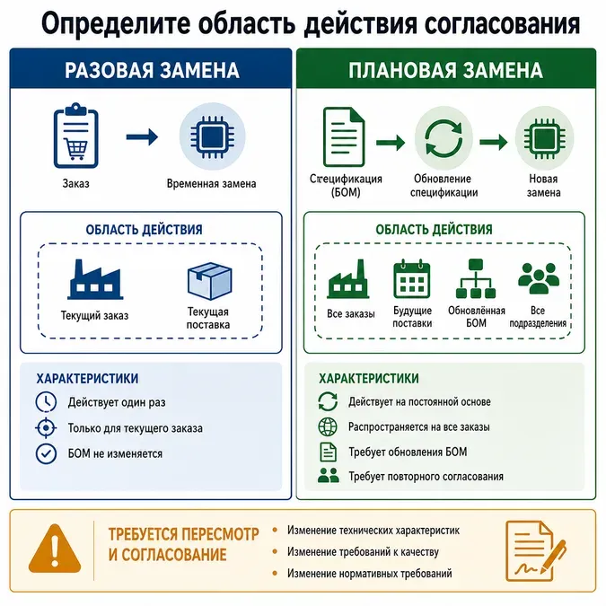 Область действия согласования: разовая vs плановая замена Схема сравнивает разовую и плановую замену компонентов с характеристиками и требованиями.