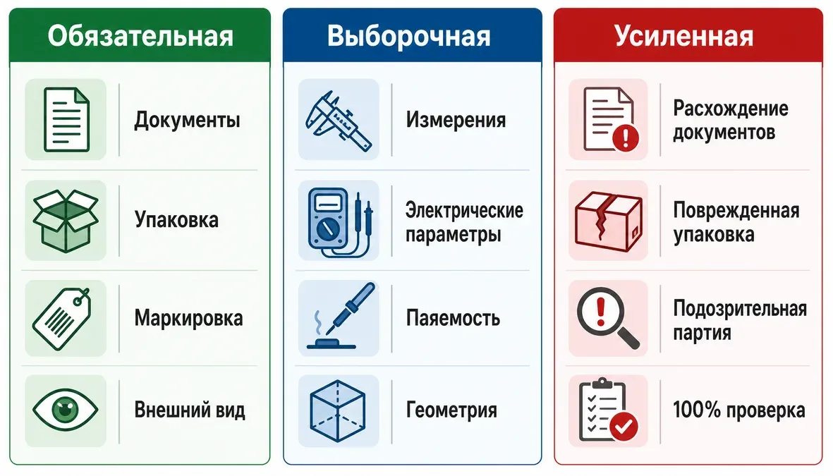 Инфографика сравнивает три уровня контроля компонентов: обязательный, выборочный и усиленный.