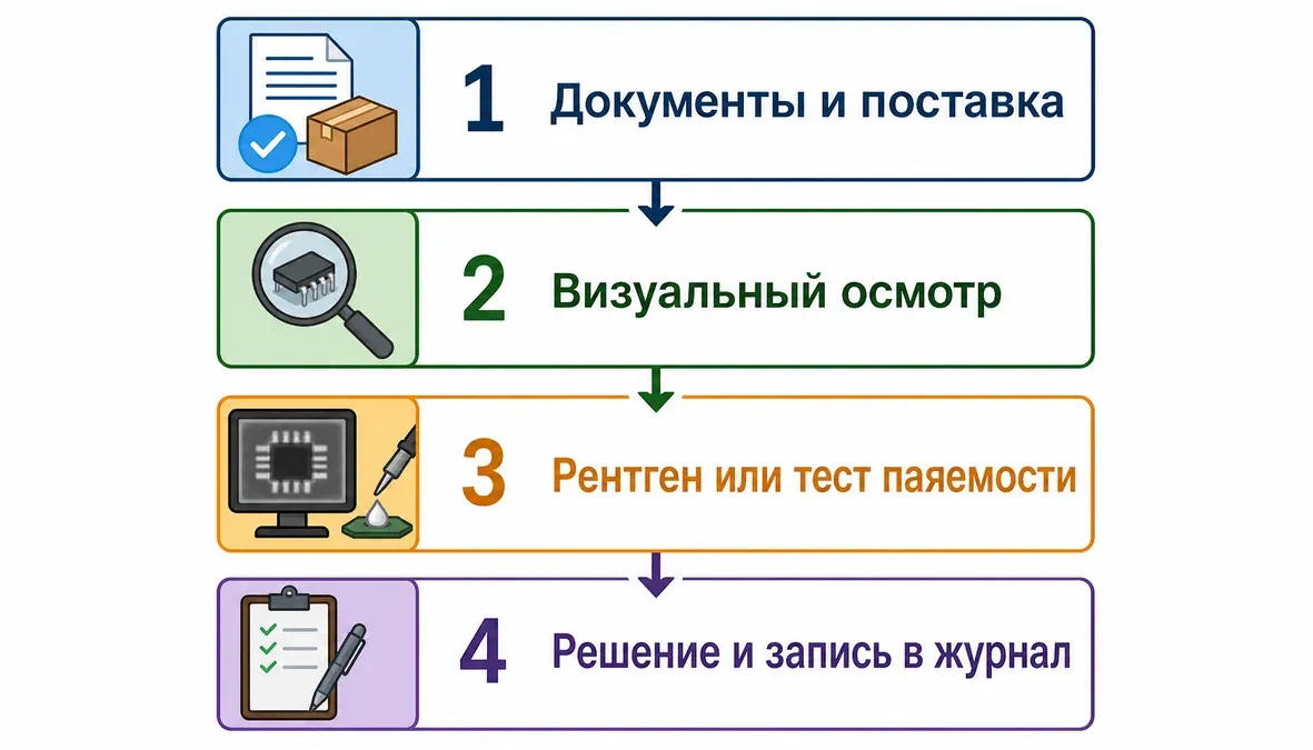 Схема потока входного контроля компонентов в электронике с шагами проверки.