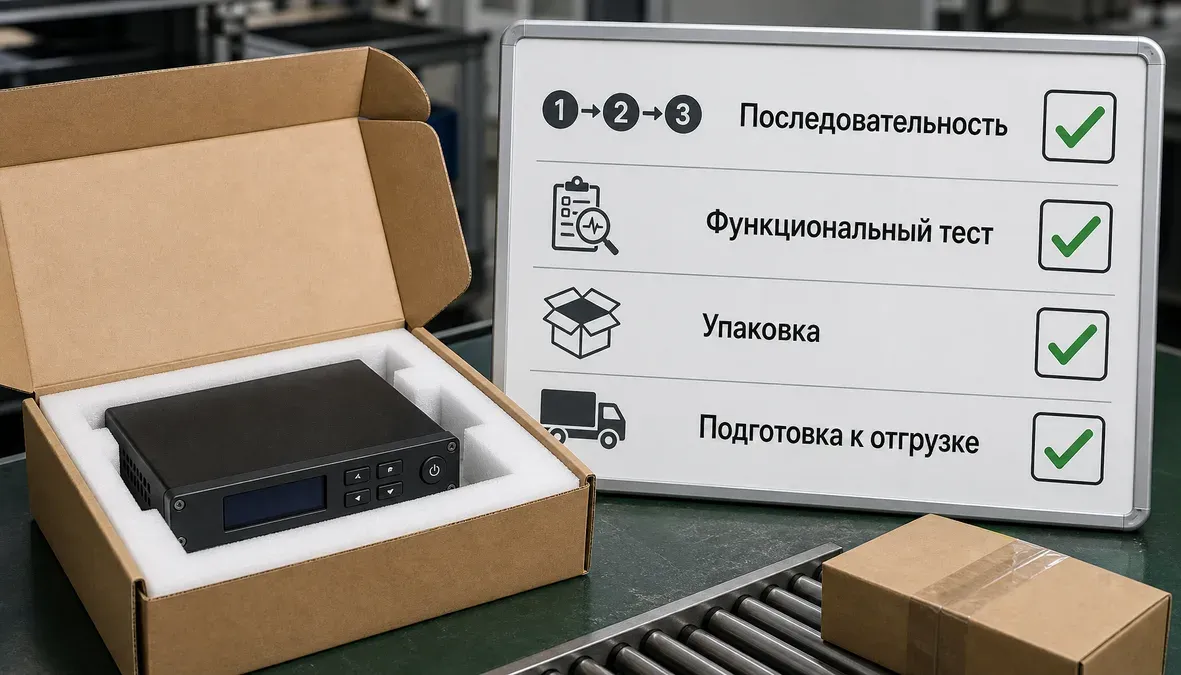На схеме готовое устройство стоит рядом с чек-листом готовности к отгрузке с отметками этапов: последовательность, функциональный тест, упаковка и подготовка.