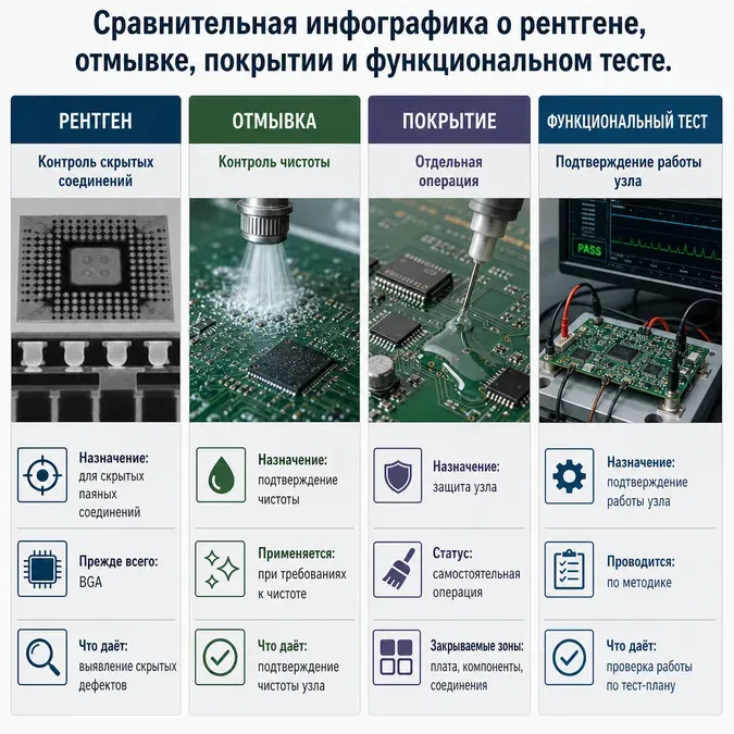 Инфографика о рентгене, отмывке, покрытии и функциональном тесте печатных плат.