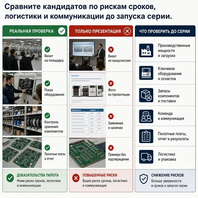 Схема сравнивает реальную проверку площадки, презентационные обещания и список того, что проверить до серии, чтобы снизить риски сроков, логистики и коммуникации.
