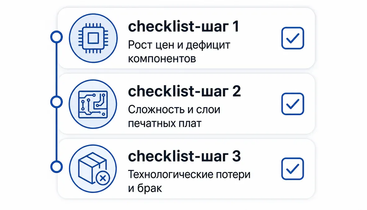 Вертикальный чеклист с шагами по затратам на материалы и технологии сборки электроники.