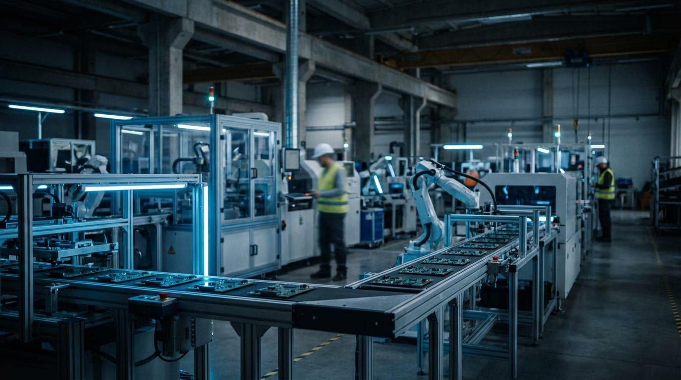 Промышленное производство и монтаж электроники — фон главной страницы B2B-контрактного производства