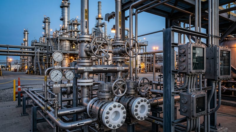 Коллектор с фланцами и манометрами на нефтегазовом объекте — серия прокладок и корпусов под агрессивные среды