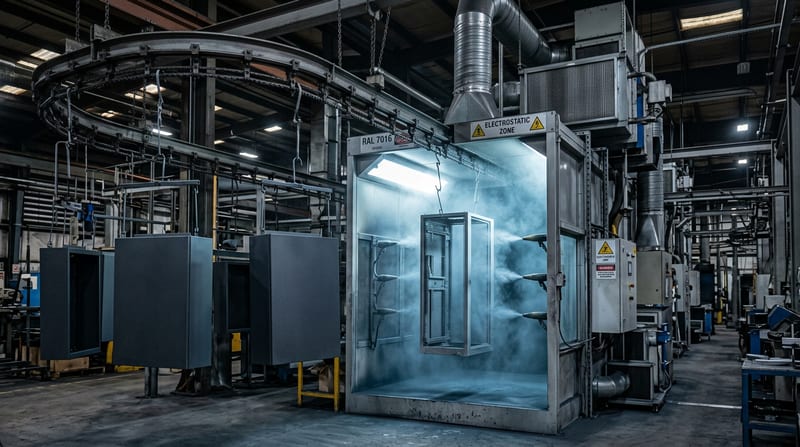 Камера порошковой окраски с конвейером и деталями, окрашенными в RAL 7016 — финишный этап маршрута